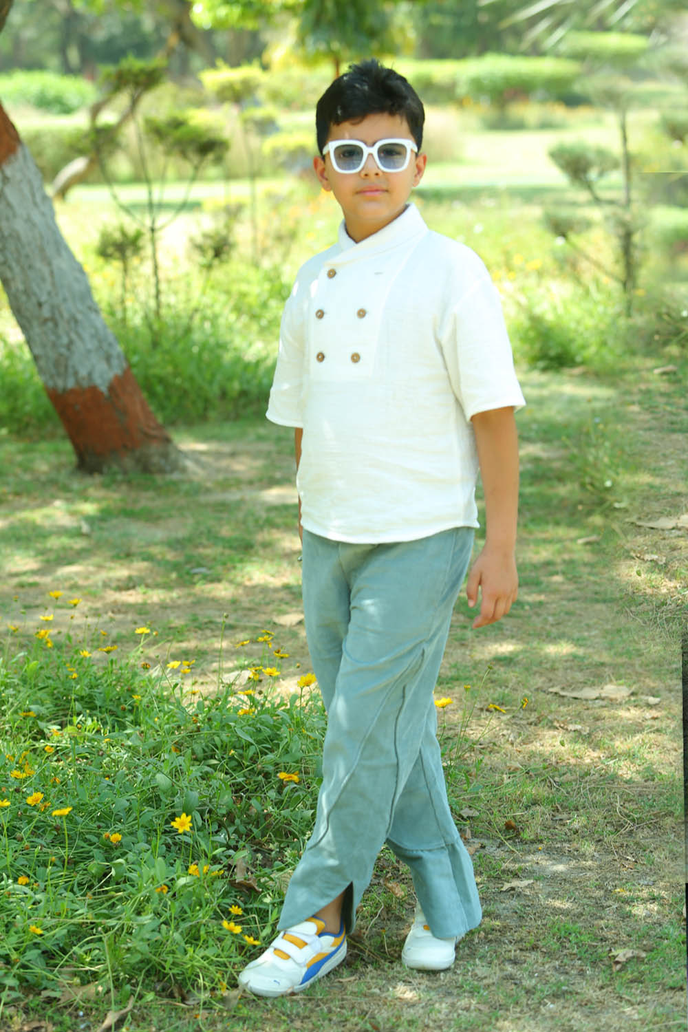 white and blue Co Ord Set For Boys