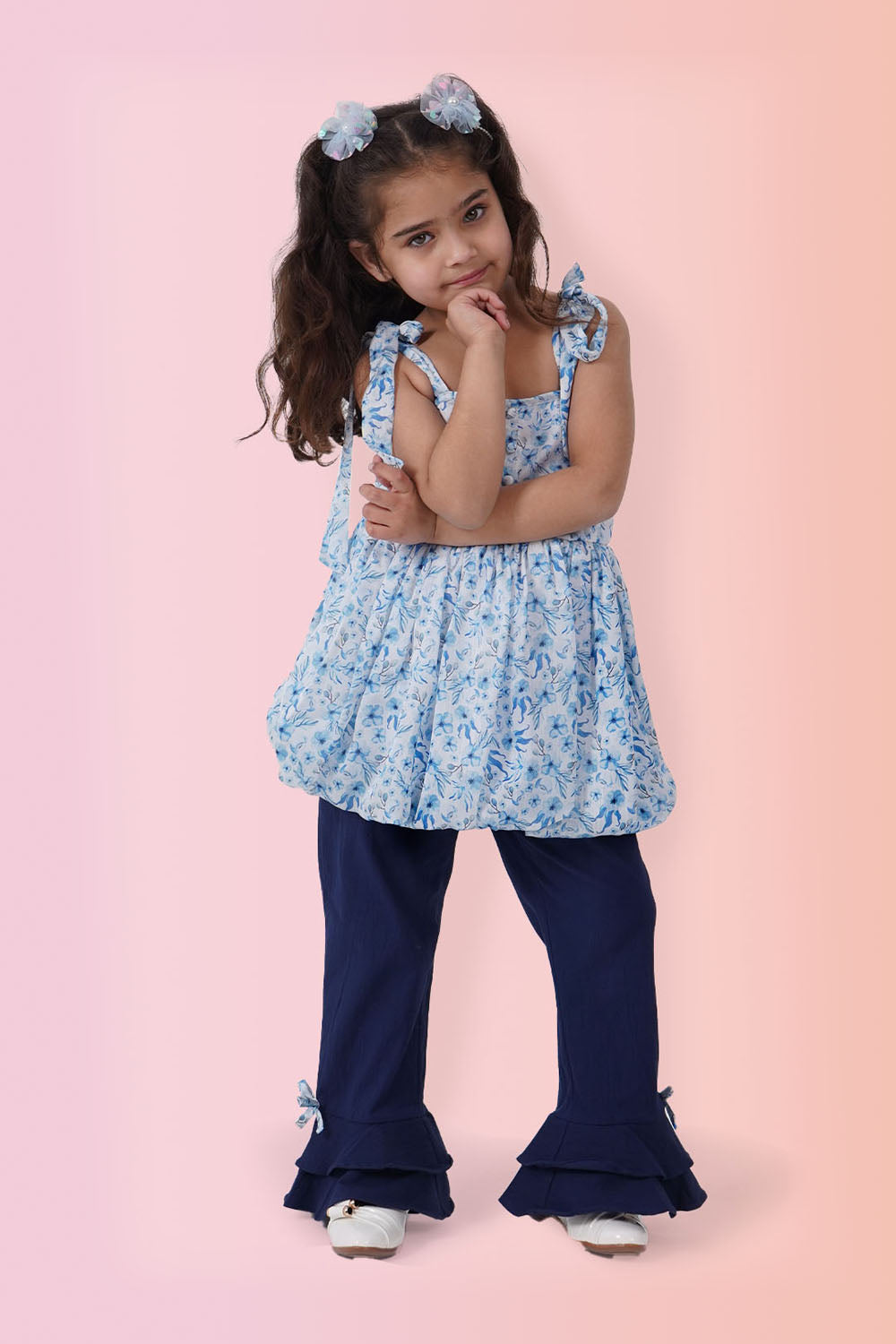 Ana Shoulder Tie Up Balloon Top Ana Blue Flared Trouser
